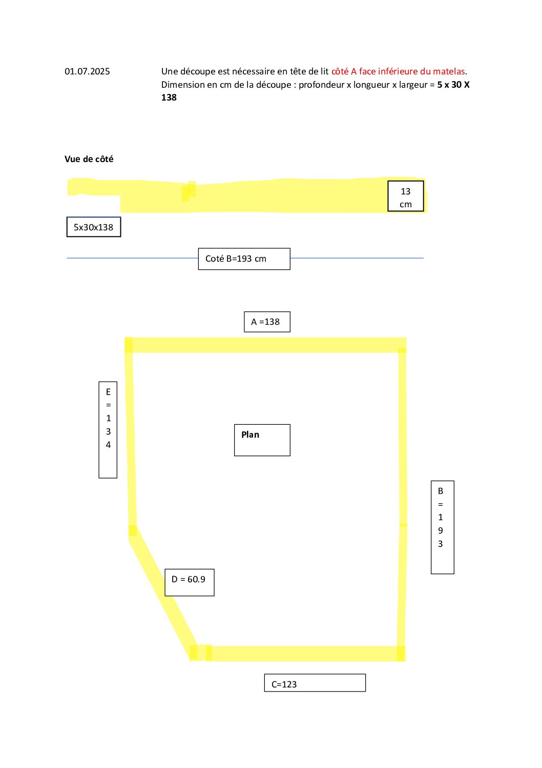 Matelas qualité Standard en 138×193 selon le plan de Mr Ruedin